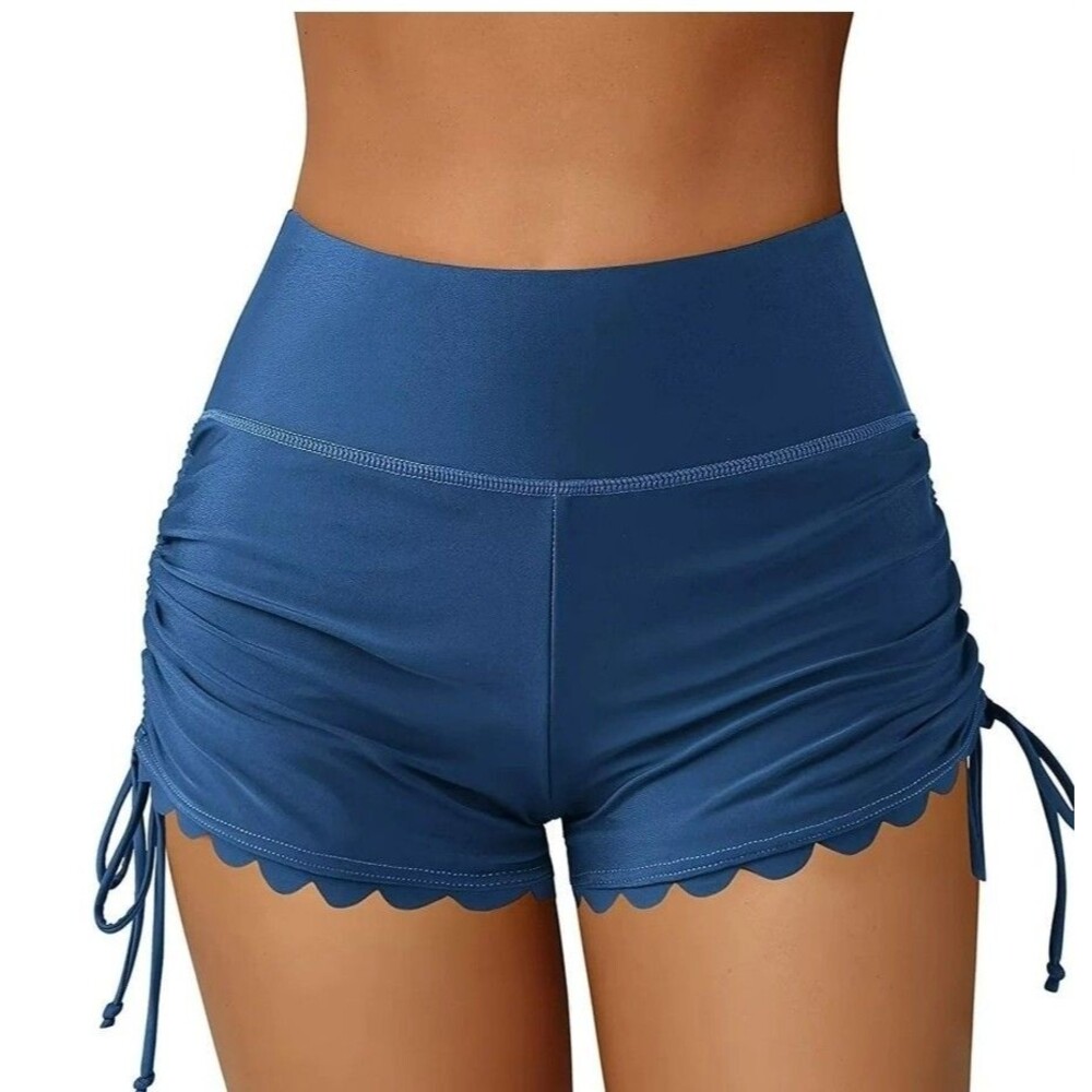 ATTRACO Women's Grey High-waist Scalloped Swim Shorts Adjustable Ties Size L new